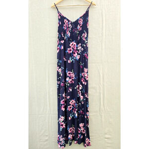 BOG Blue Pink Floral Sleeveless Maxi Dress Smocked Chest Feminine Boho Size L